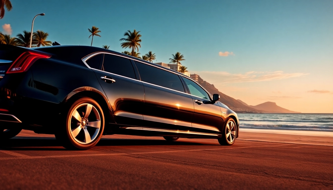 Experience luxury private car service Rio with a stylish limousine against a stunning sunset at the beach.