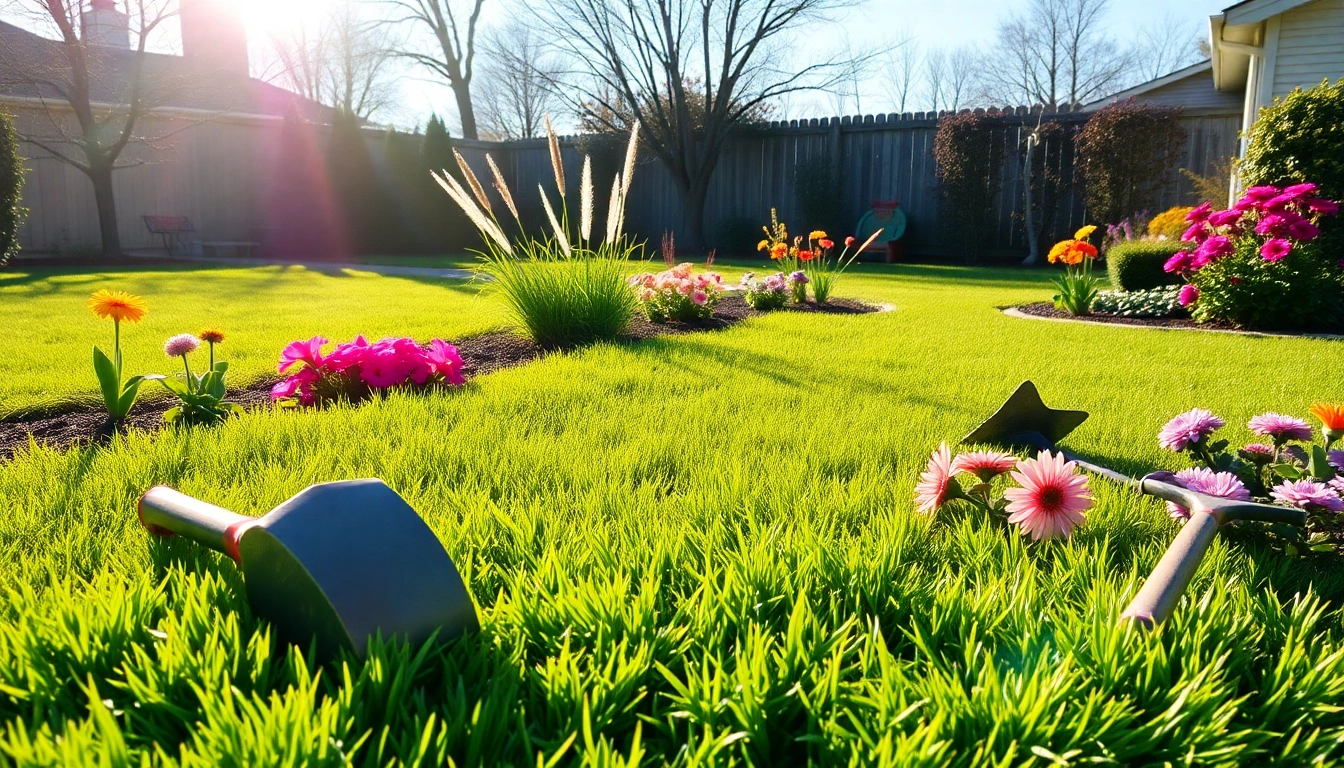 Spring clean up of a vibrant garden with colorful flowers and freshly trimmed grass, showcasing gardening tools.