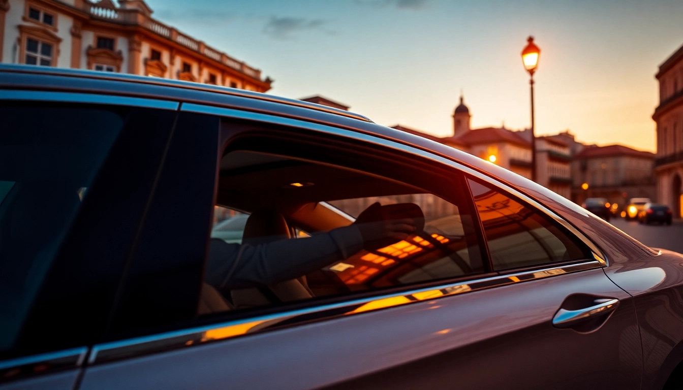 Experience a professional hire car with driver Lisbon, showcasing luxury and comfort in a vibrant city environment.