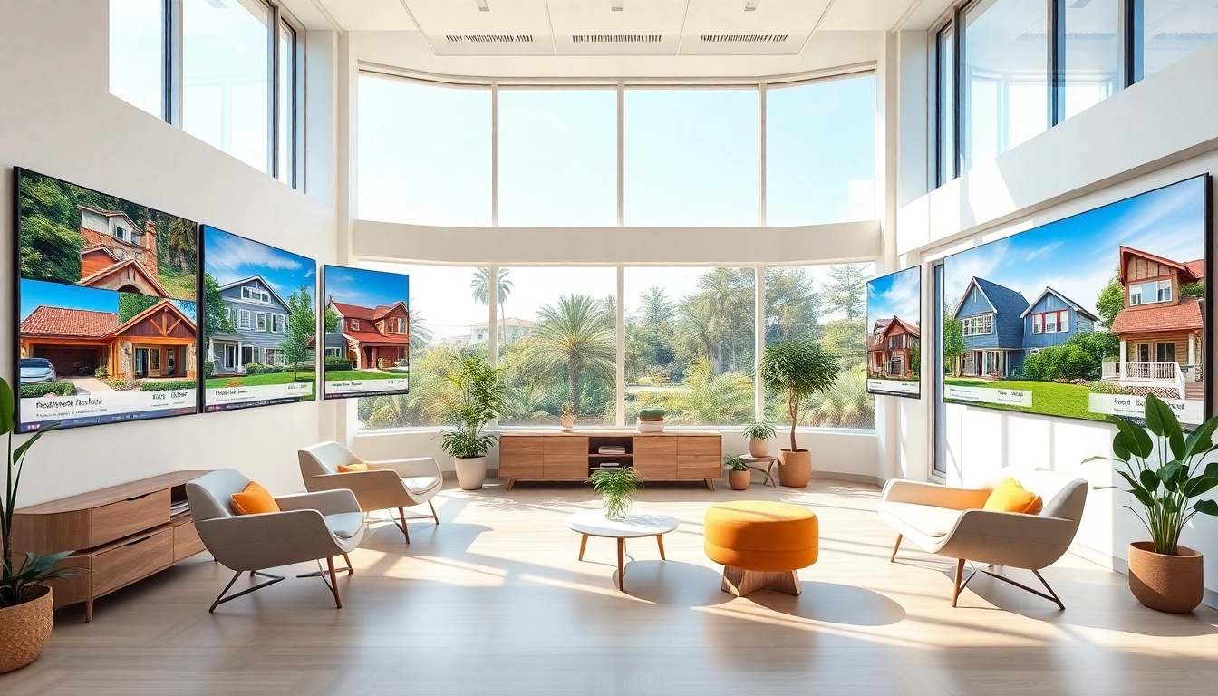 Show a dynamic real estate office environment facilitating clients eager to buy a property.