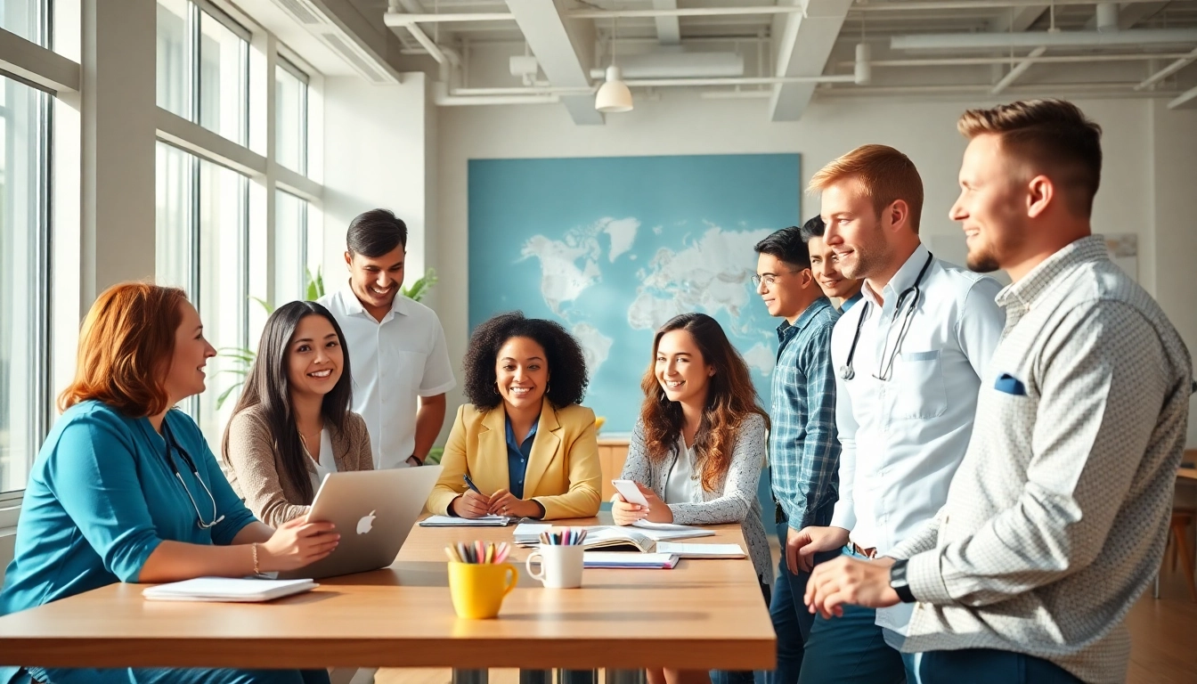 Engaging team brainstorming pflege marketing strategies in a bright office environment.