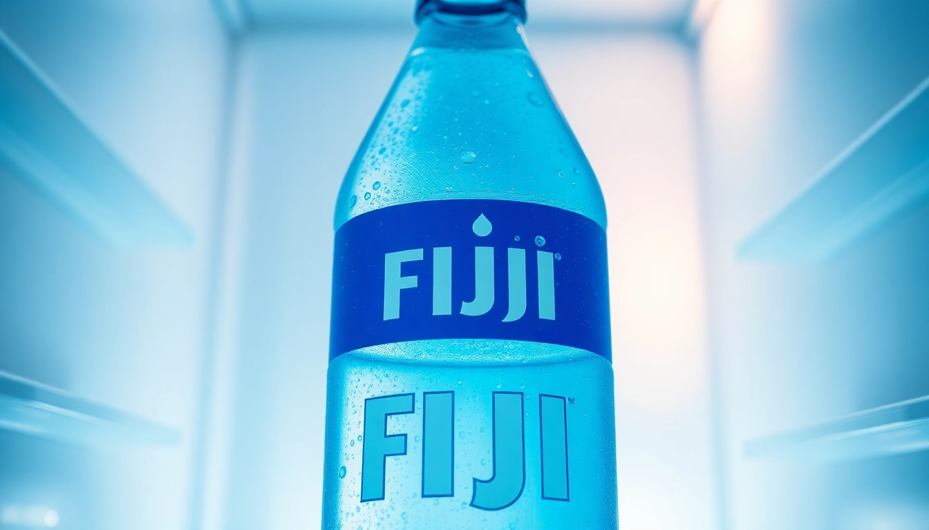 Fiji water bottles recalled due to contamination are prominently displayed in a refrigerator.