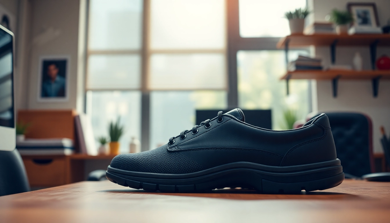 Showcases durable work shoes providing More Information about comfort and style for professionals.