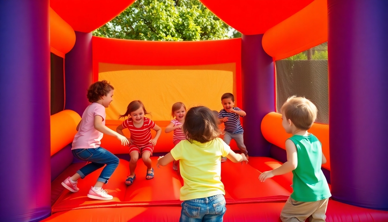 Kids enjoying a fun Bounce house rental near me at a festive garden party.