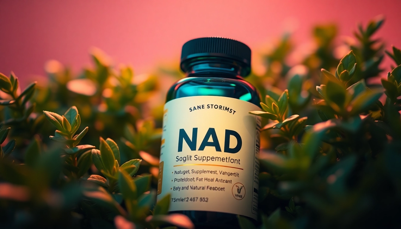 Boost your energy levels with this natural NAD Supplement bottle among lush green plants.