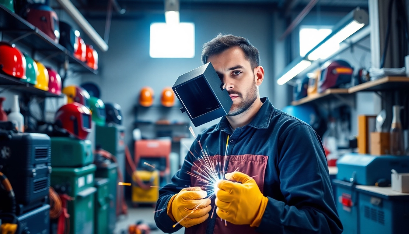Display welding supplies, including helmets and tools, in a busy workshop environment, emphasizing quality and variety.
