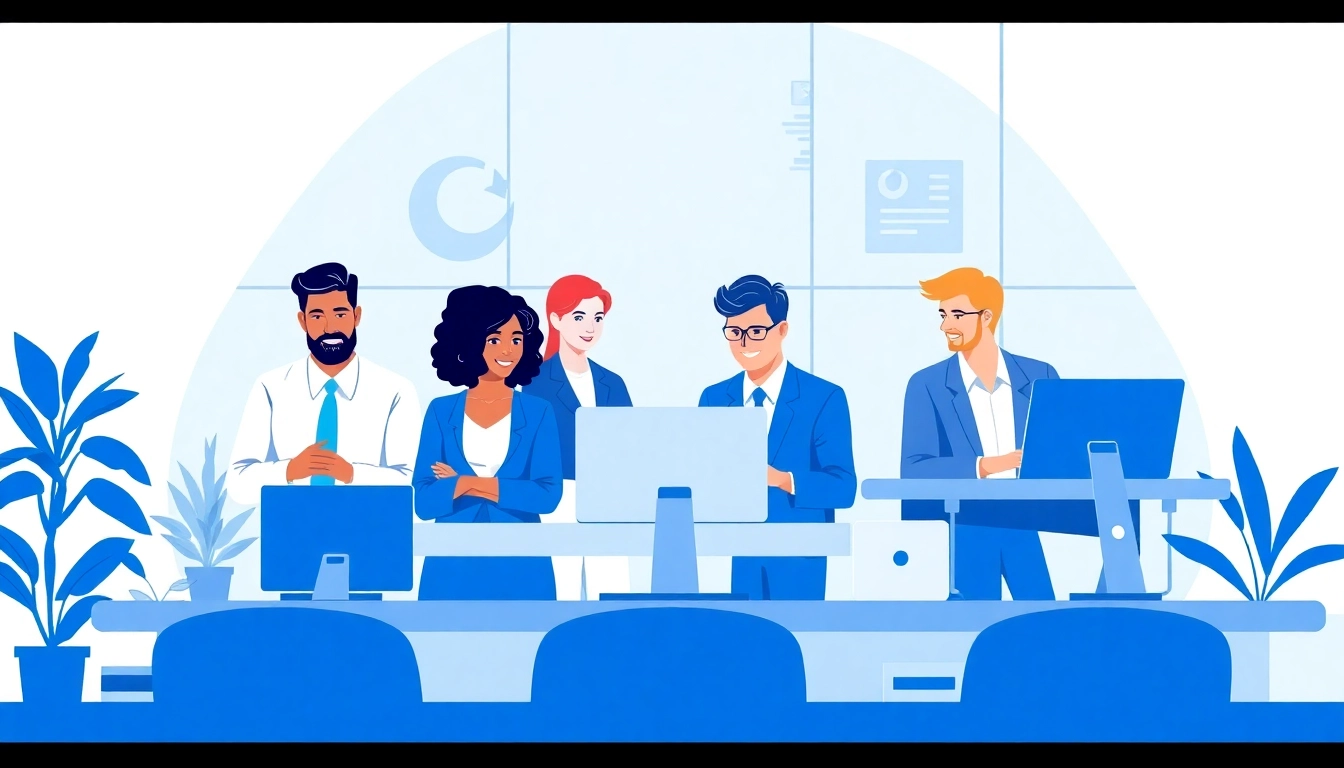 Outsourcing collaboration illustration with diverse professionals engaging online for effective business solutions.