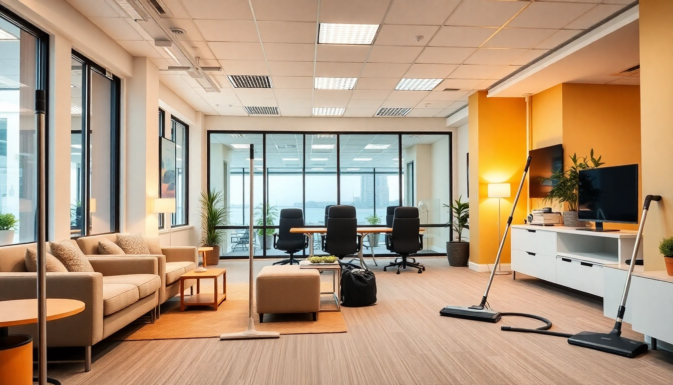 Showcasing Jacksonville commercial cleaning services, a pristine office space with modern decor and cleaning tools visible.