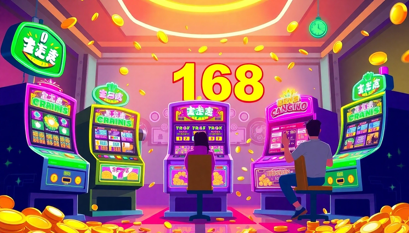 Experience สล็อต168 with thrilling slot machines and vibrant neon lights in a lively gaming atmosphere.