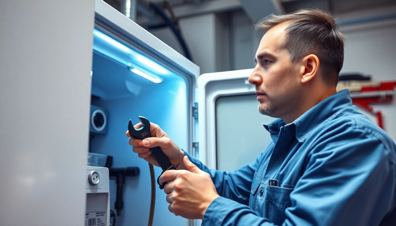 Technician performing ice machine repair, highlighting the intricate parts and tools involved.