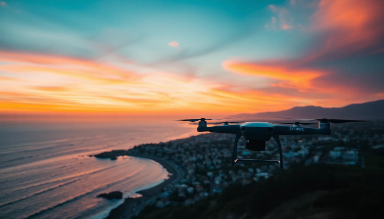 Capture stunning drone photography tips with scenery of a sunset over a coastal town.