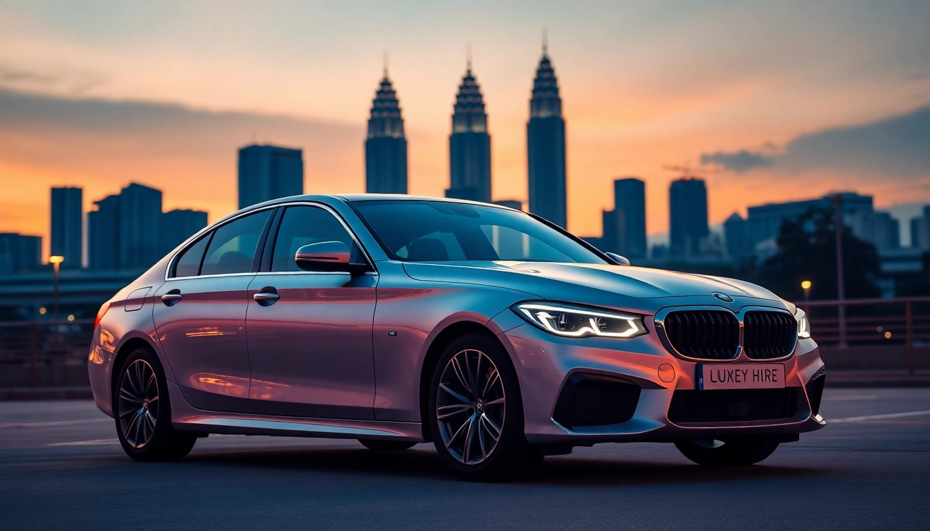 Luxury hire car with driver Kuala Lumpur parked elegantly near the Petronas Towers during sunset