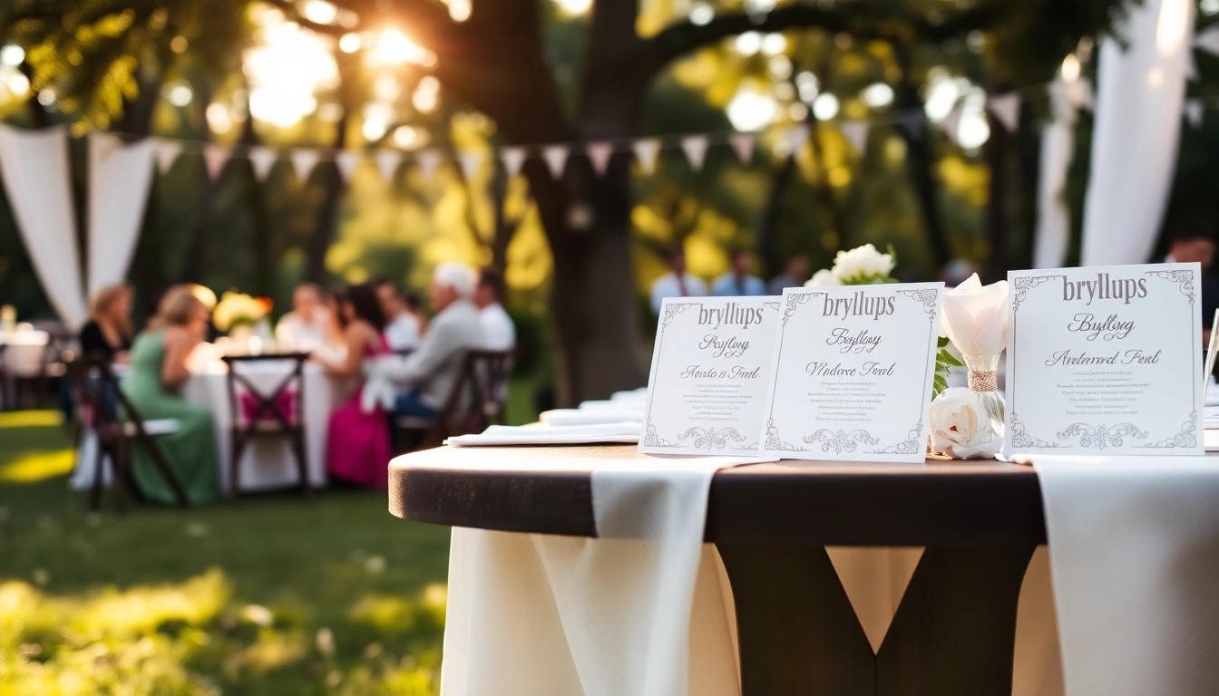 Showcasing stylish bryllups invitations on an elegantly set wedding table in a serene outdoor setting.