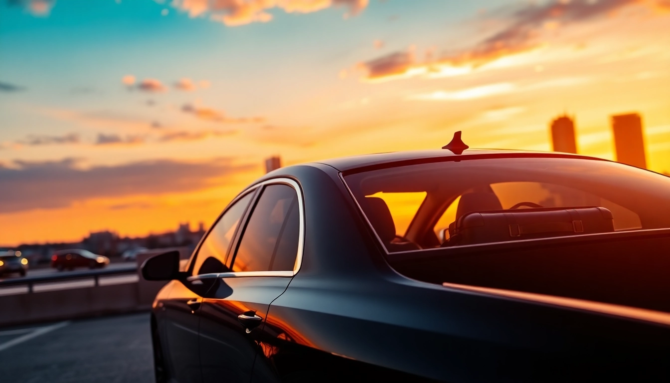 Enjoy a luxury private car service Rio with a professional chauffeur amidst a stunning city sunset.