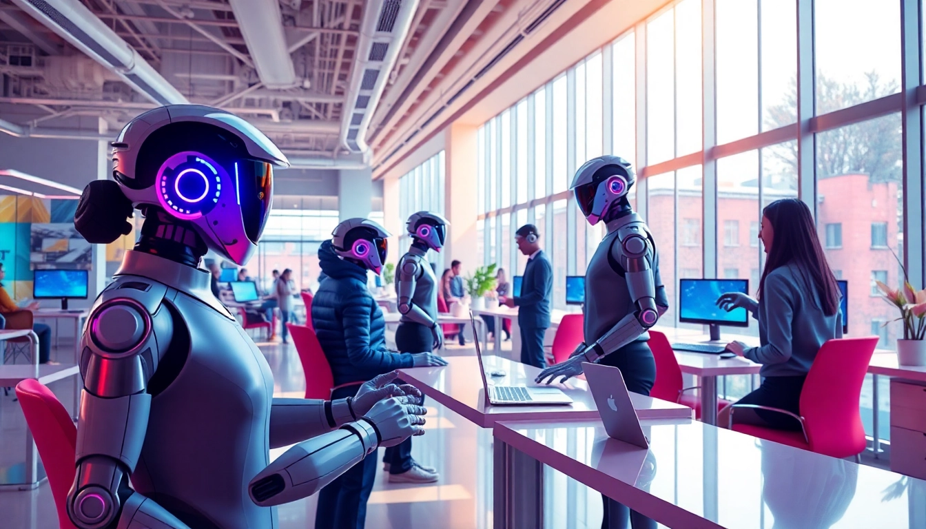 AI agents assisting users in a modern workspace, showcasing productivity and collaboration.