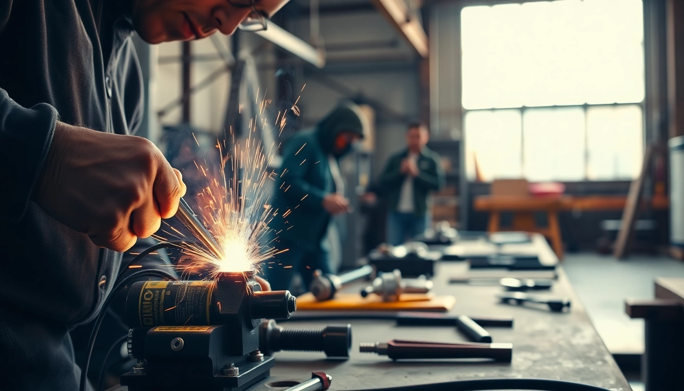 Welding using an oxy gas welding kit with bright flames and tools in a workshop.
