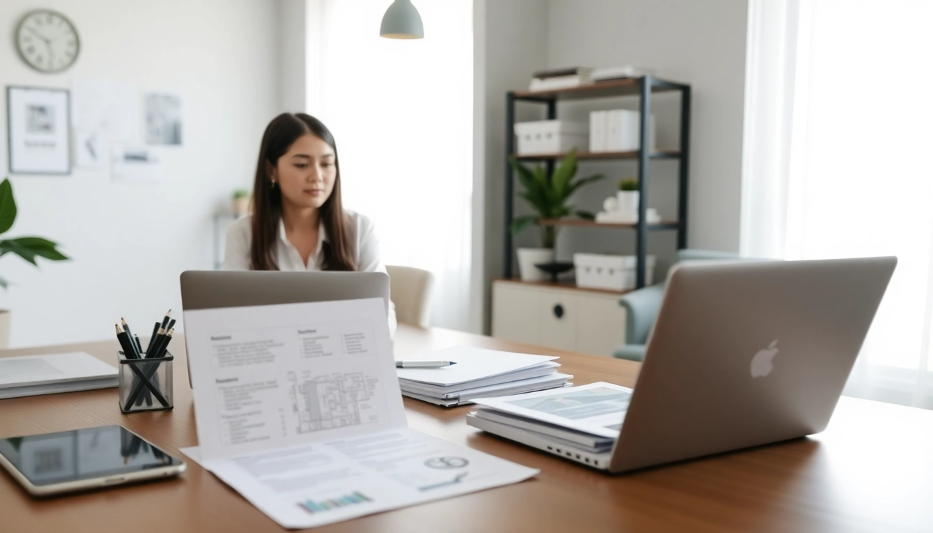 Highlight the best virtual assistant services for real estate agents working efficiently with documents and a laptop in a modern office.