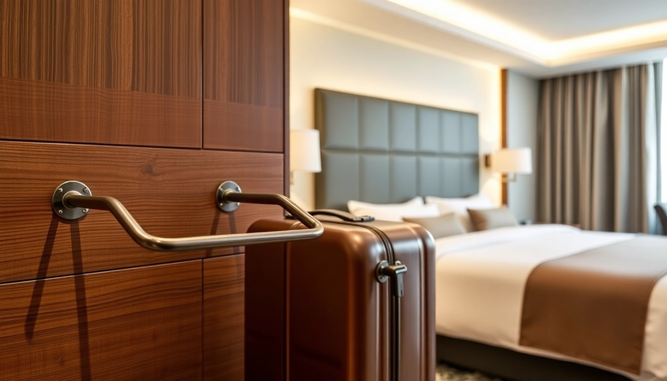 Stylish hotel luggage racks helping guests organize their bags in a chic hotel room.