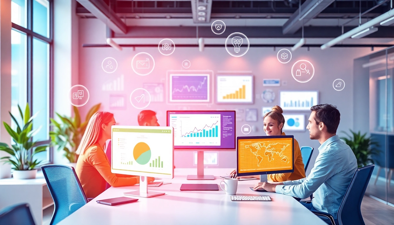 Showcase AI marketing tools enhancing collaboration in a modern office with diverse professionals analyzing data.