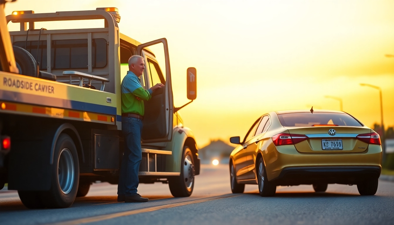 Roadside assistance Tampa - A tow truck operator provides emergency help to a stranded motorist on a sunny day.