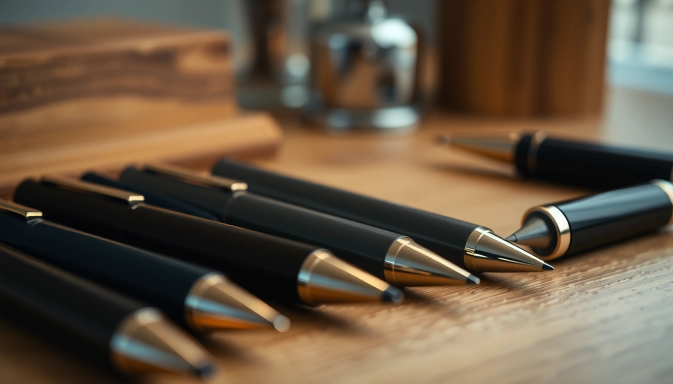 Elegant personalised pens displayed on a wooden desk, highlighting their unique designs and craftsmanship.