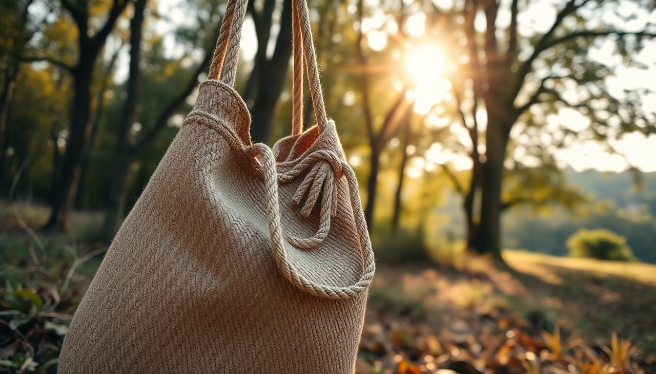 Showcase a trendy Cotton Rope Bag displayed elegantly in a natural environment, highlighting its unique texture and design.