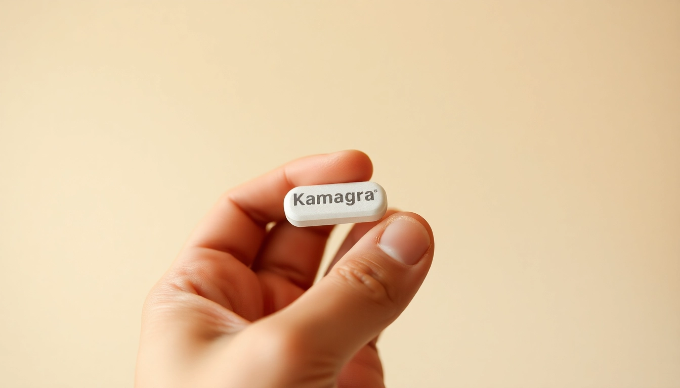 Order Kamagra bestellen with a close-up of a hand holding a tablet against a neutral background.