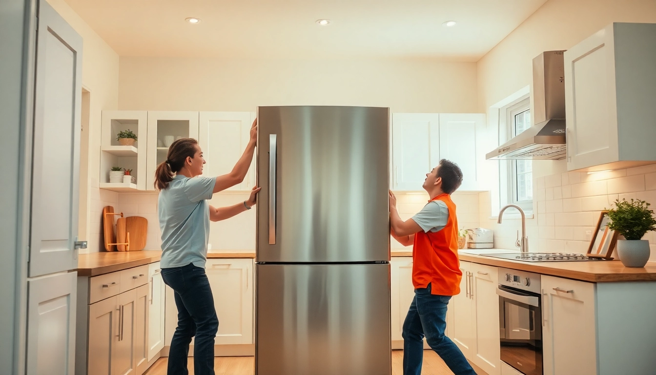 Efficient Fridge Collection, Removal, and Disposal by a professional team in a bright kitchen.