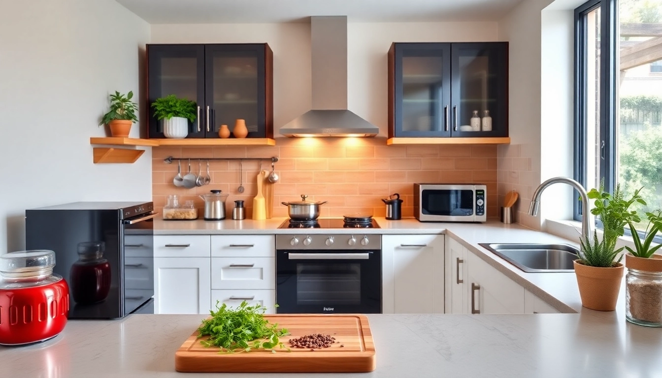 Showcasing affordable kitchen appliances in a stylish, contemporary kitchen setting promoting functionality and elegance.