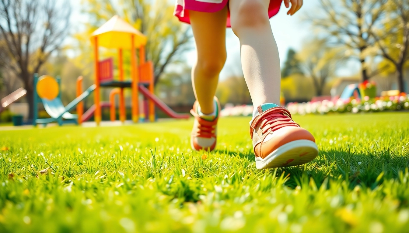 Bewegt sich fröhlich in flexiblen Kinderschuhen auf dem Spielplatz.